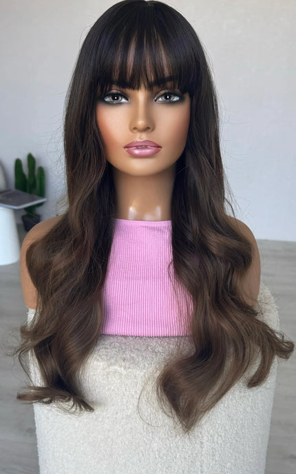 brunette ombre synthetic wig middle part with fringe.