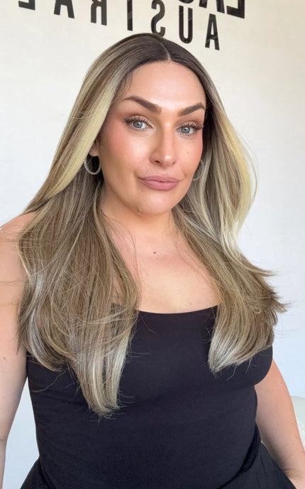 t-part synhthetic long layer hair, dark root wig. highlights, gold coast australia.