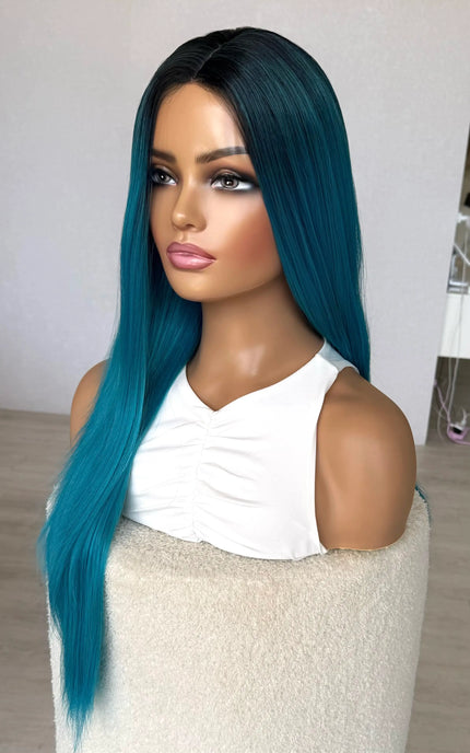 bubblegum blue synthetic wig, darker root, straigth hair, heat safe.