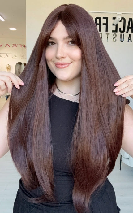 heat safe glueless wig, middle part with fringe, deep burgundy hair colour.