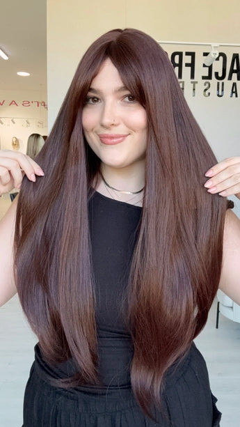 heat safe glueless wig, middle part with fringe, deep burgundy hair colour.