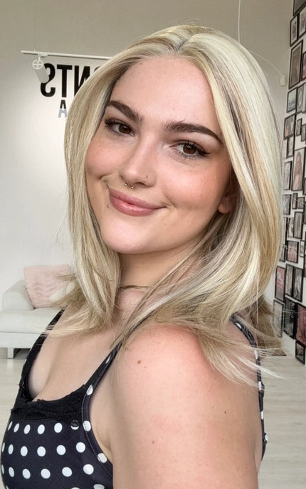 smallest size, light buttery blonde, 14 inch length synthetic wig.