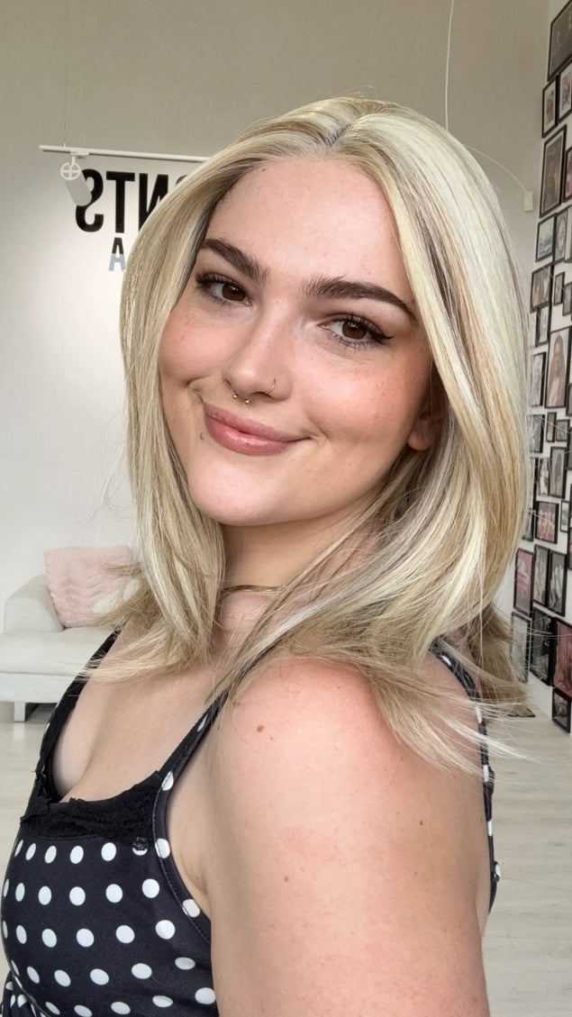 smallest size, light buttery blonde, 14 inch length synthetic wig.