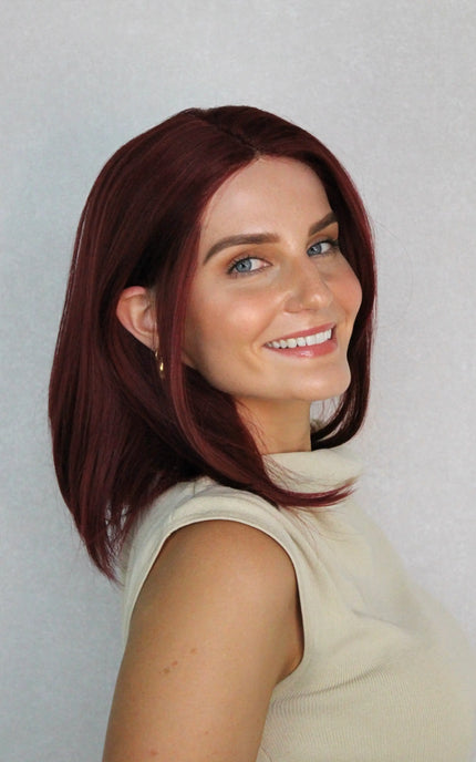 deep red syntheitic wig, heat safe, natural hair style.