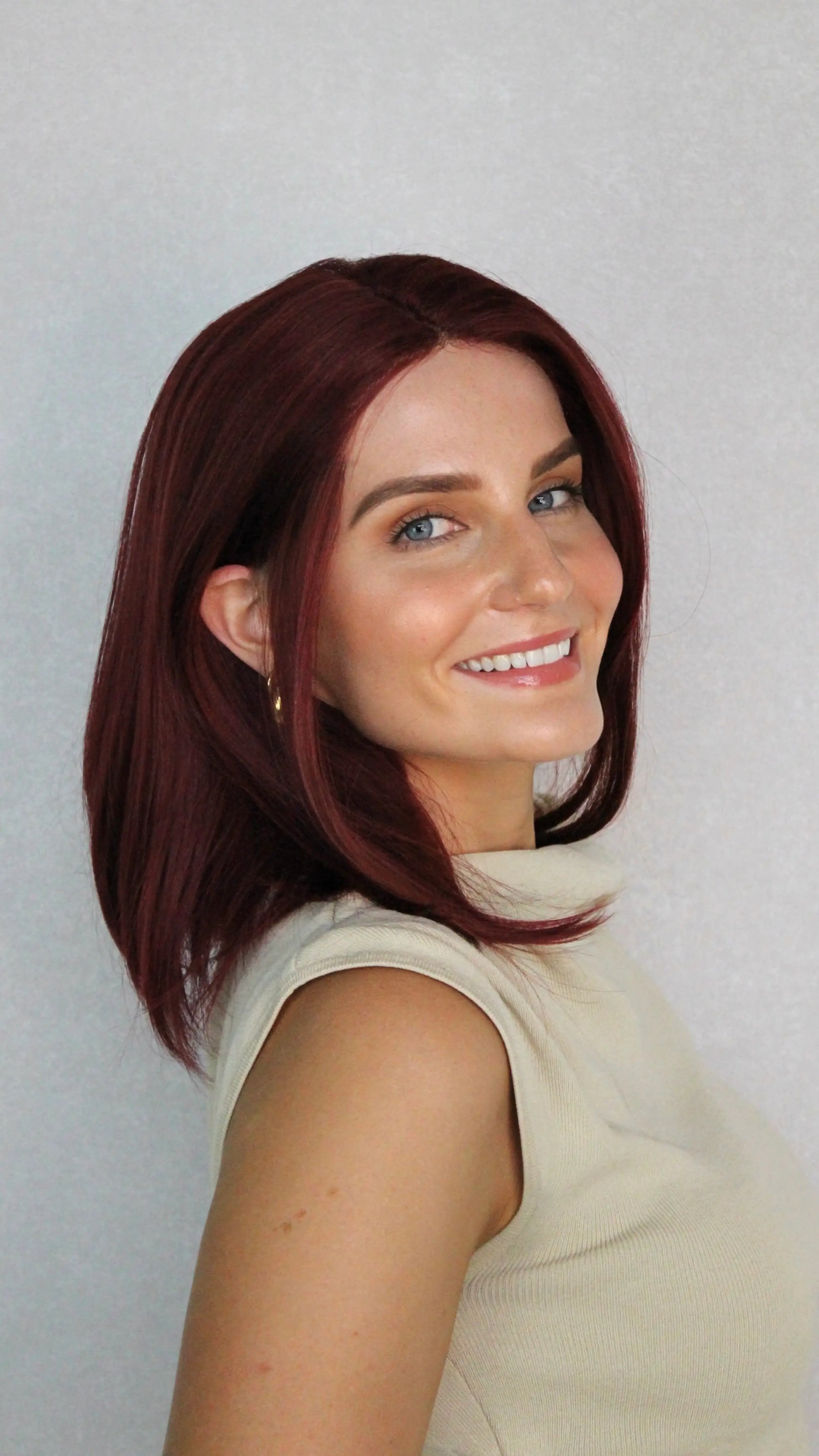 deep red syntheitic wig, heat safe, natural hair style.