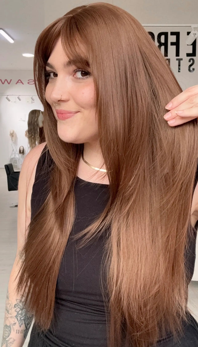 gold coast australia chesnut brunette layered hair wig, middle part with long fringe, gold coast australia wigs.