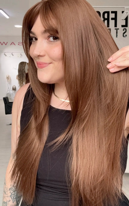gold coast australia chesnut brunette layered hair wig, middle part with long fringe, gold coast australia wigs.