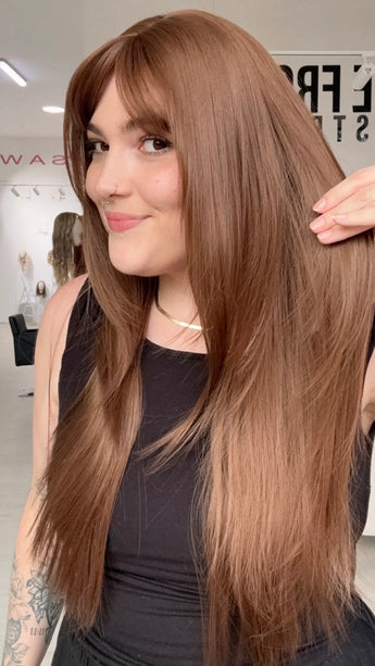 gold coast australia chesnut brunette layered hair wig, middle part with long fringe, gold coast australia wigs.