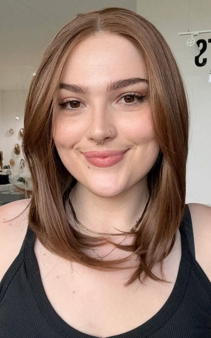 natural looking long layered bob, chesnut brunette wig.