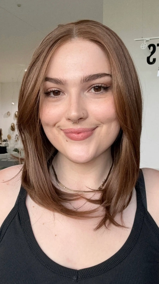 natural looking long layered bob, chesnut brunette wig.