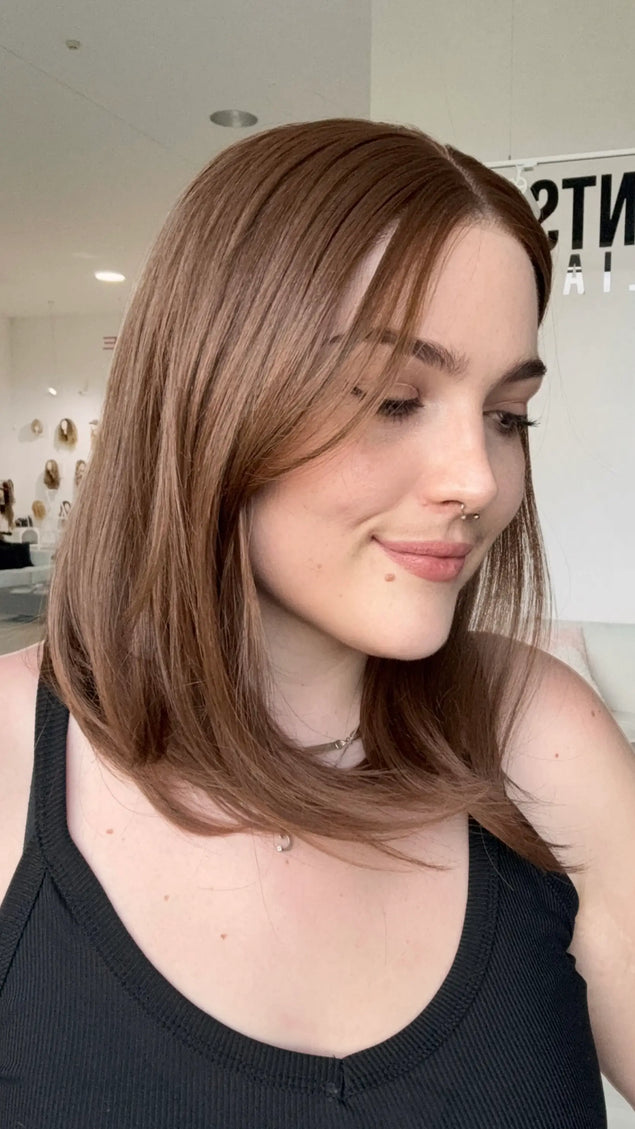 natural looking chesnut brunette synthetic wig for hairloss and alopecia.