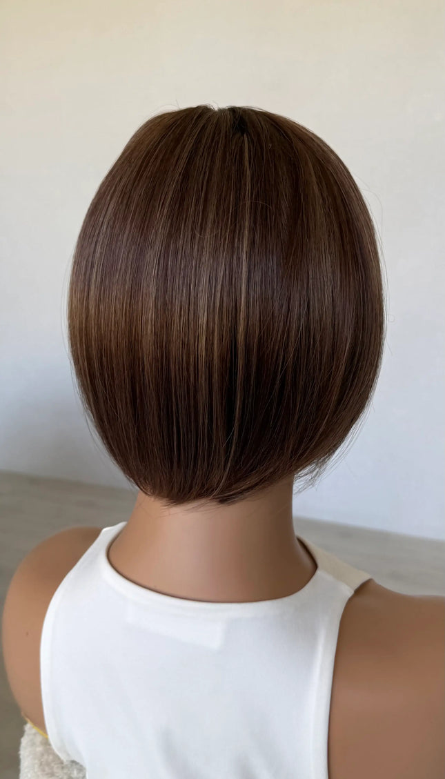 chestnut brunette topper, synthetic heat safe hair