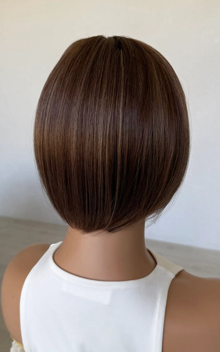 chestnut brunette topper, synthetic heat safe hair