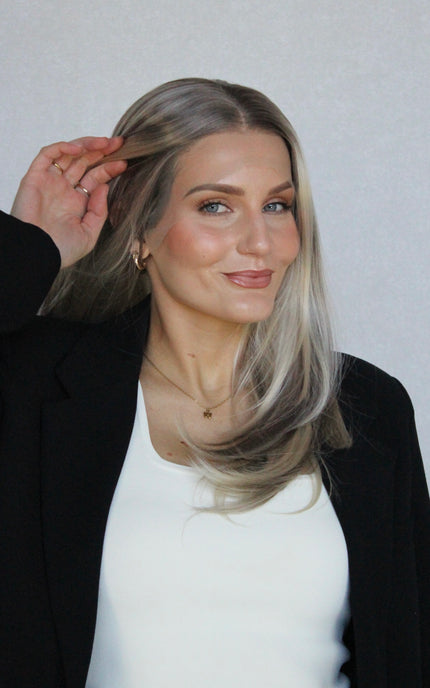 lacefont synthetic wig, lowlighted ash blonde, glueless wigs, straight hair.