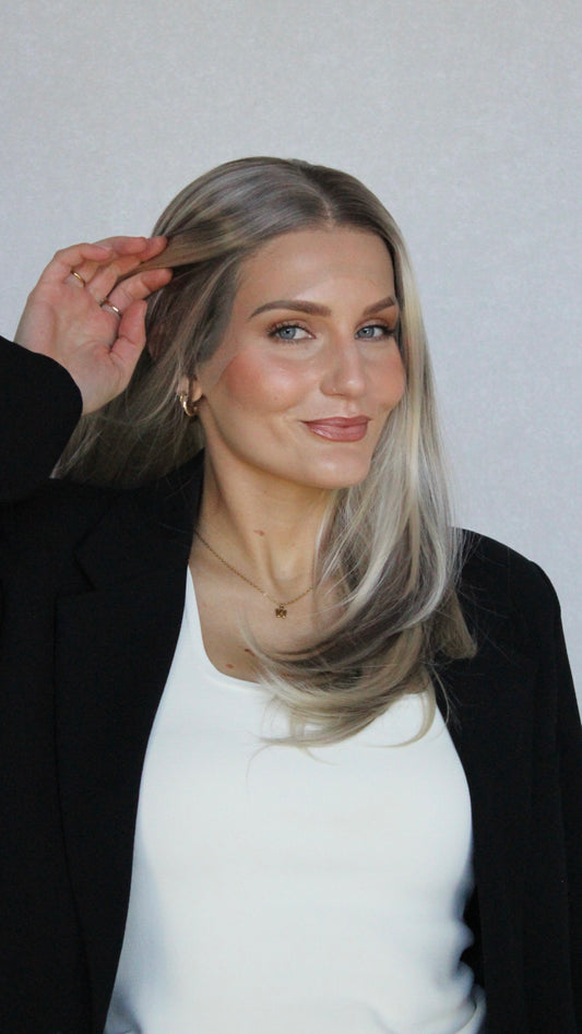 lacefont synthetic wig, lowlighted ash blonde, glueless wigs, straight hair.
