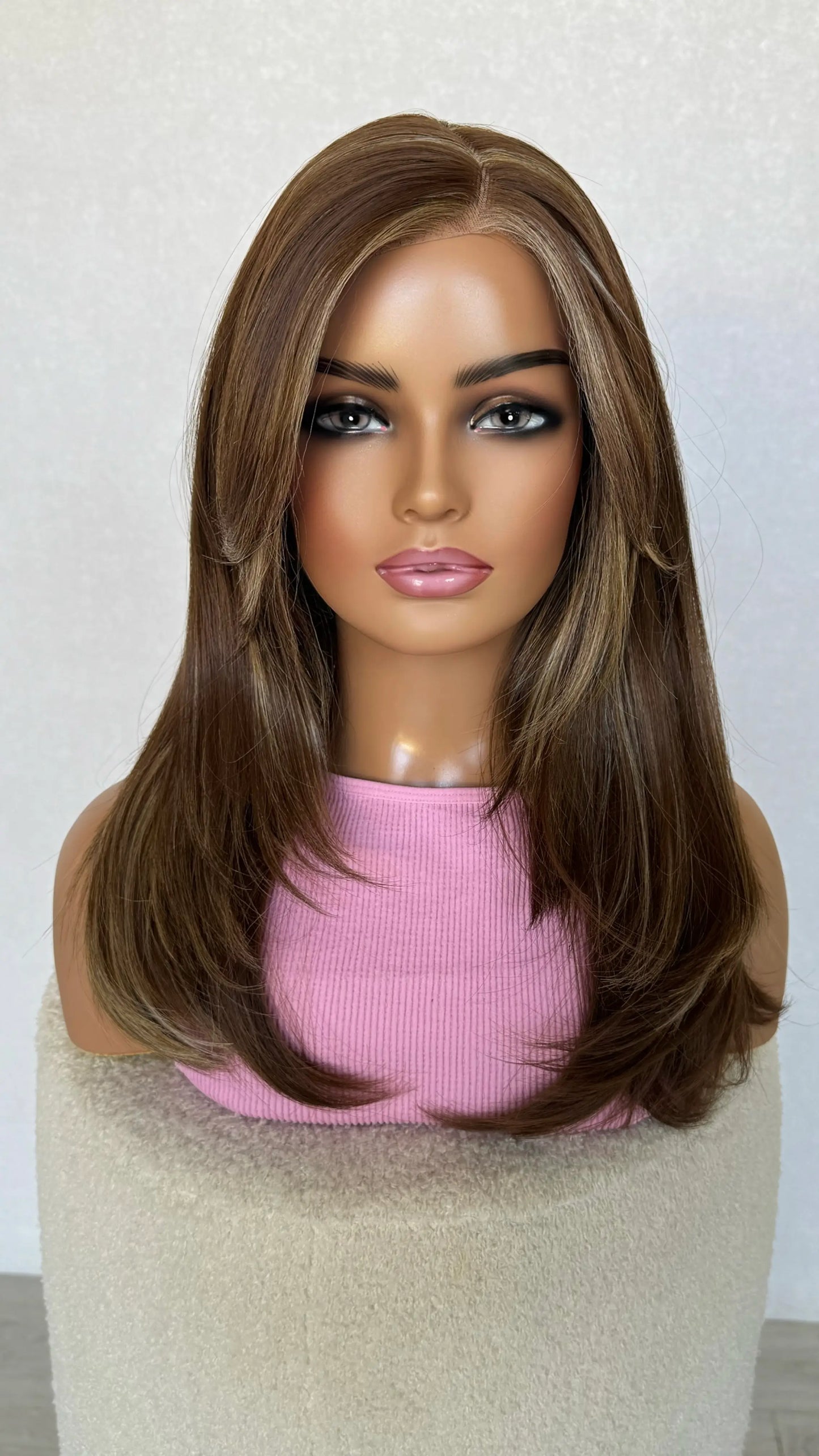 layered hair with curtain bangs and side part, t-part lacefront synthetic wig australia.