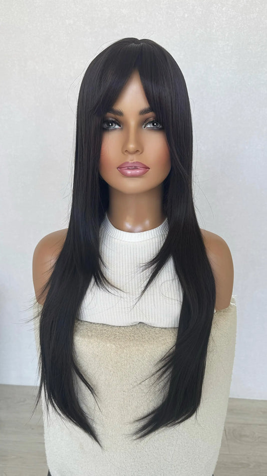 synthetic  wig dark brunette with layers.