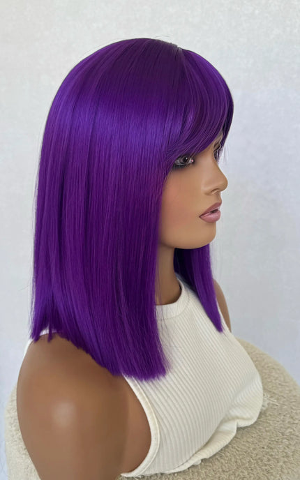 purple heat safe wig, synthetic hair, middle part with fringe.