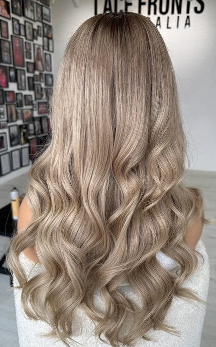 long ash blonde hair from behind, curled hair, lace front wig.