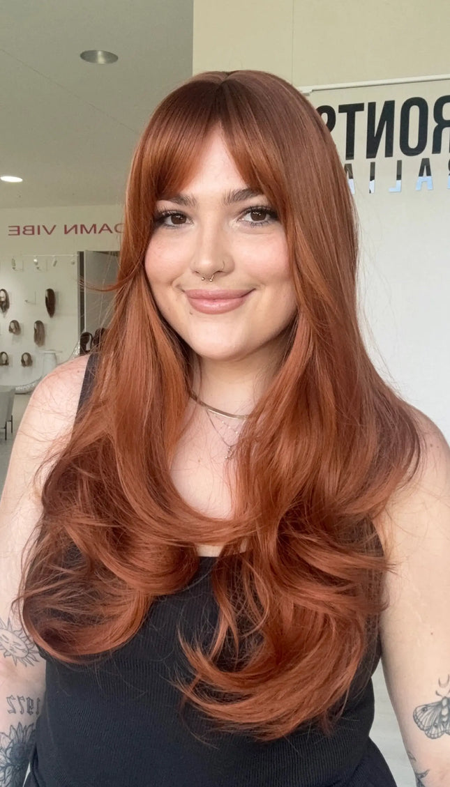 long hair, copper red colour, heat safe glueless synthetic topper australia, gold coast.