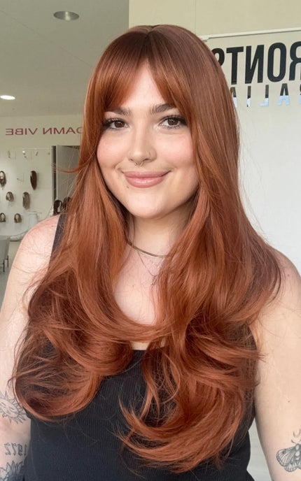 long hair, copper red colour, heat safe glueless synthetic topper australia, gold coast.