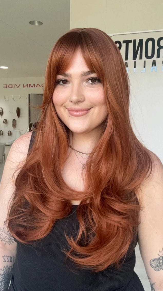 long hair, copper red colour, heat safe glueless synthetic topper australia, gold coast.