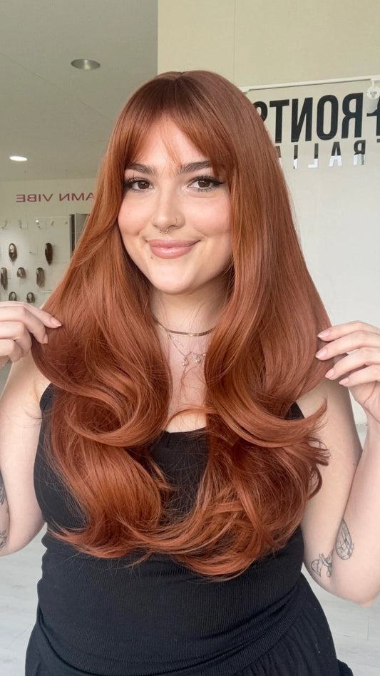 heat safe synthetic topper copper red colour, middle part with fringe, glueless topper australia.