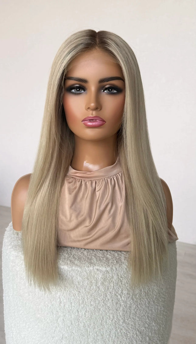 creamy blonde with dark root straight hair wig, 22 inch length with middle part, human hair wig.