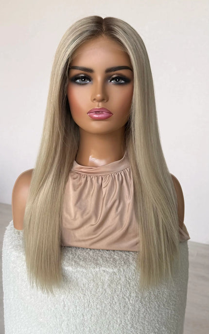 creamy blonde with dark root straight hair wig, 22 inch length with middle part, human hair wig.