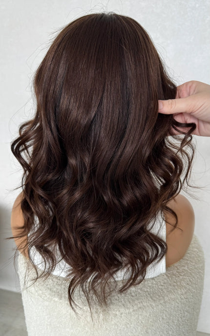 handmade human hair lace front wig with curled brunette hair for women going through hairloss australia.