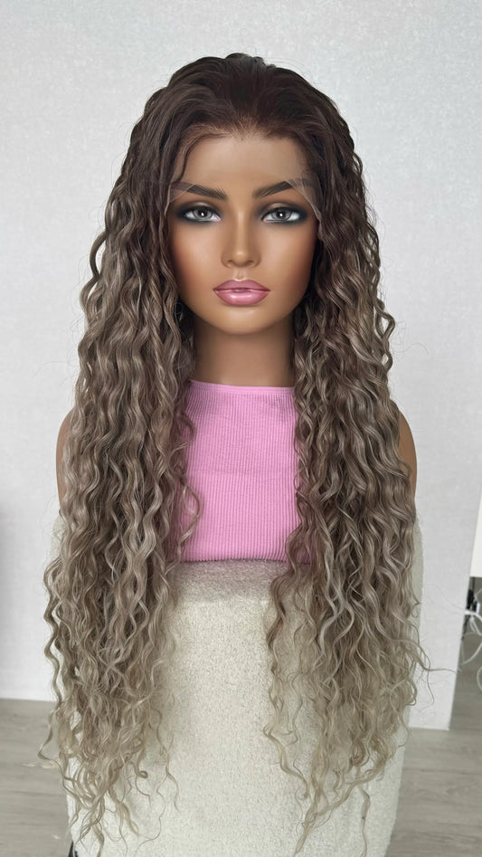 curly ash ombre lacefront wig side part long hair wig  australia. 