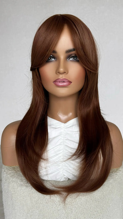 copper ginger wig, middle part with curtain bangs