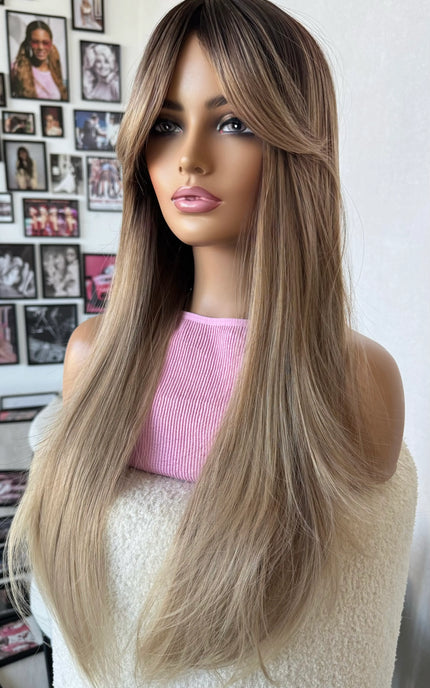 dark root synthetic wig, champagne toned hair, middle part, long straight hair, australia wigs.