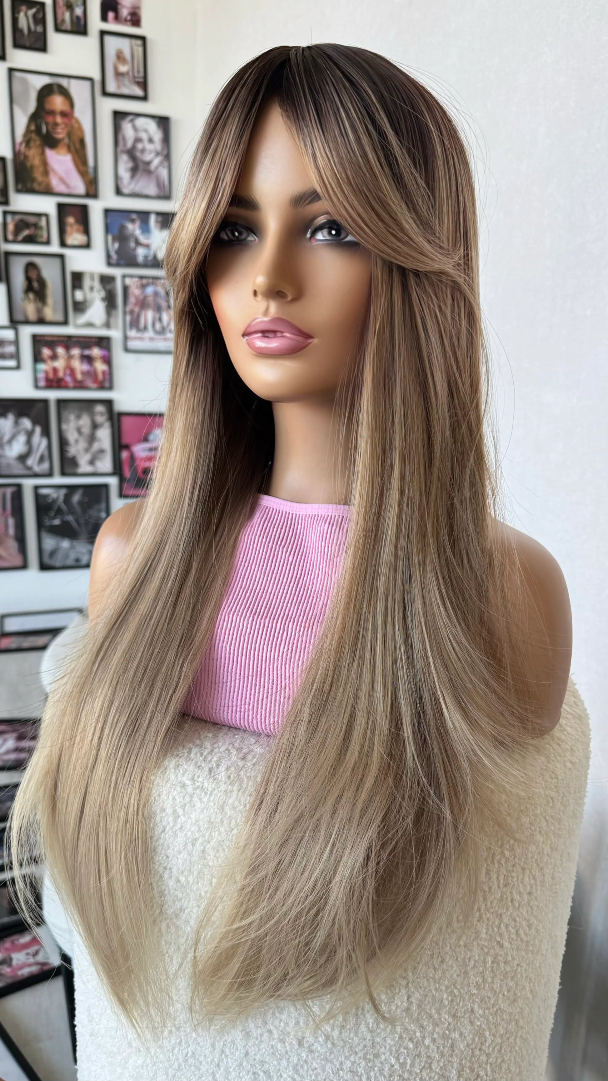dark root synthetic wig, champagne toned hair, middle part, long straight hair, australia wigs.