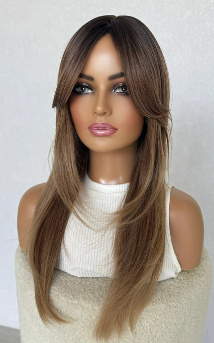 middle part, layered ombre coloured wig, heat safe synthetic hair australia.