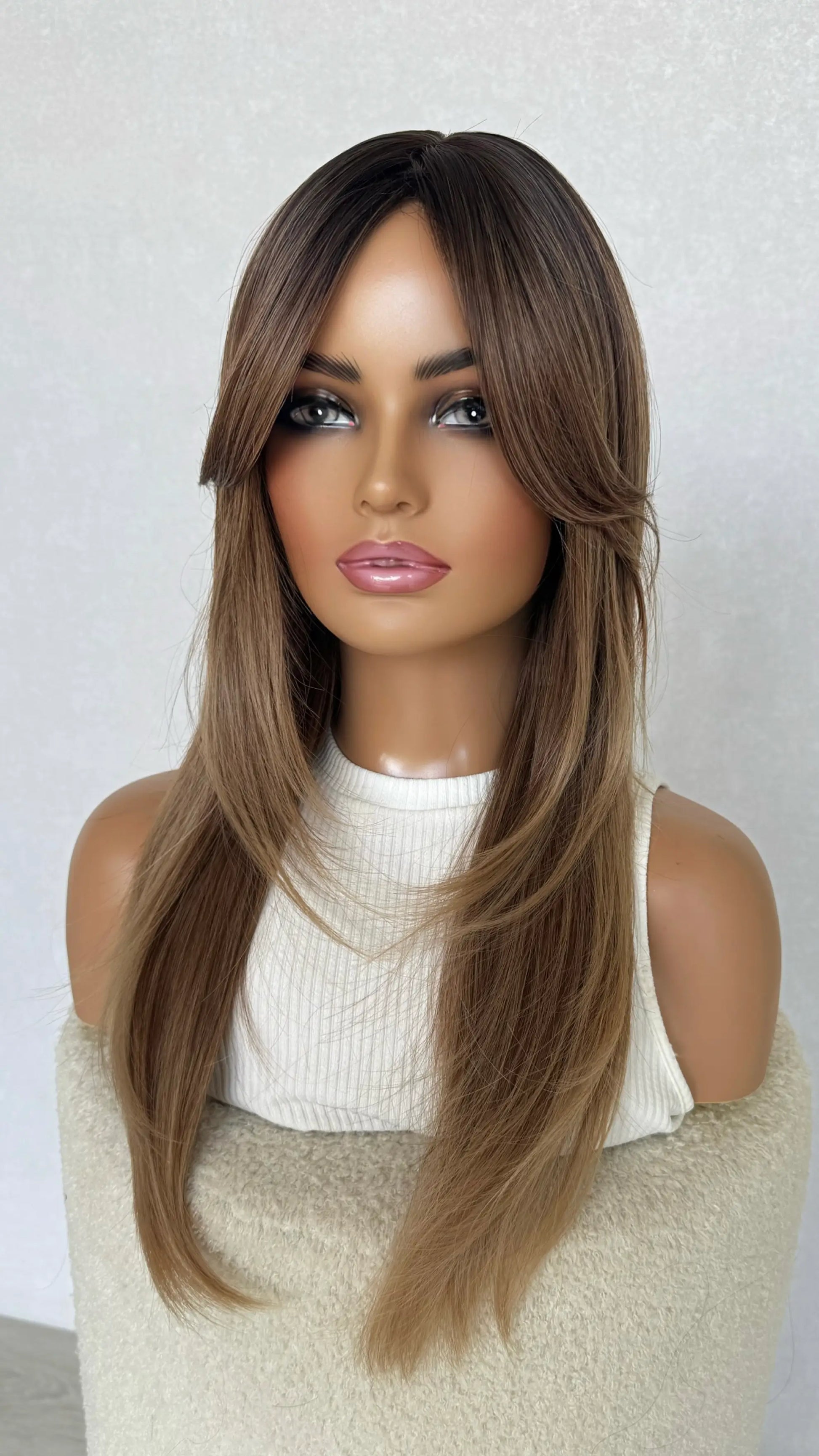 middle part, layered ombre coloured wig, heat safe synthetic hair australia.
