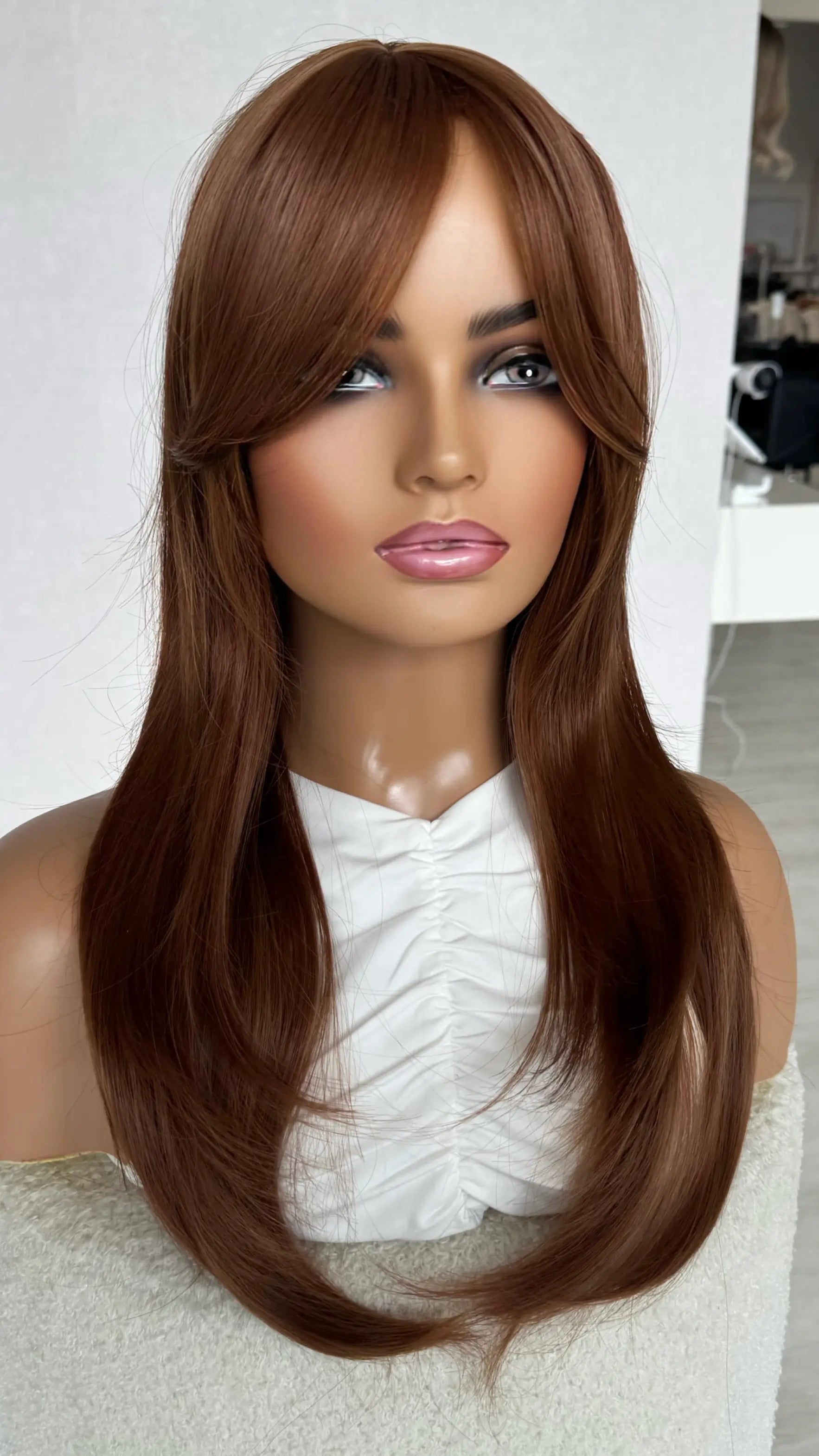 heat safe synthetic hair, front view middle part, layered hair