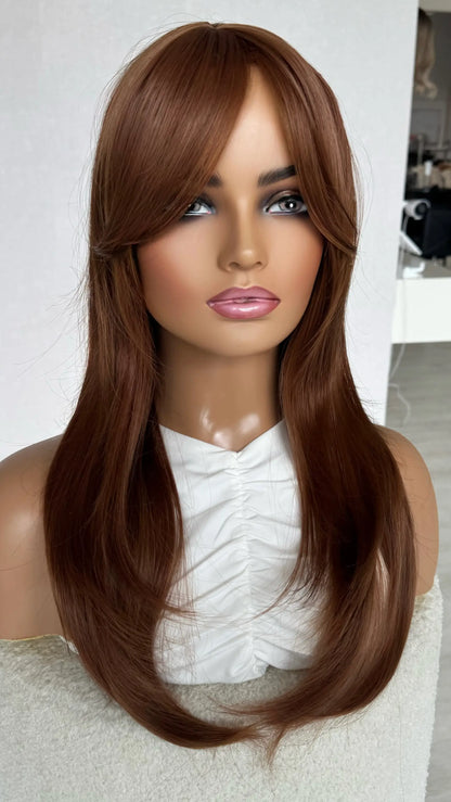 heat safe synthetic hair, front view middle part, layered hair