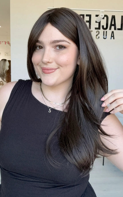 long layered brunette synthetic wig for hairloss.