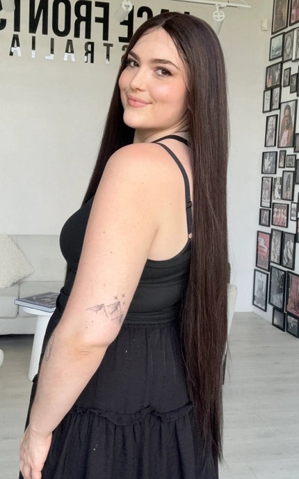 longest length dark brown natural looking synthetic wig australia.