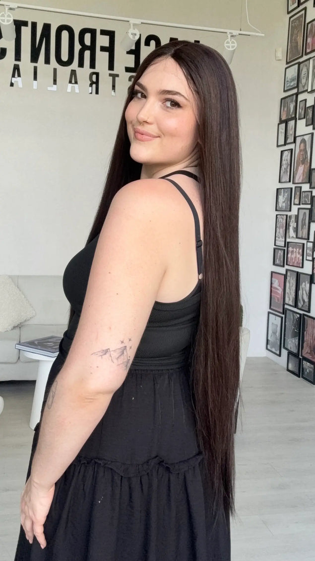 longest length dark brown natural looking synthetic wig australia.
