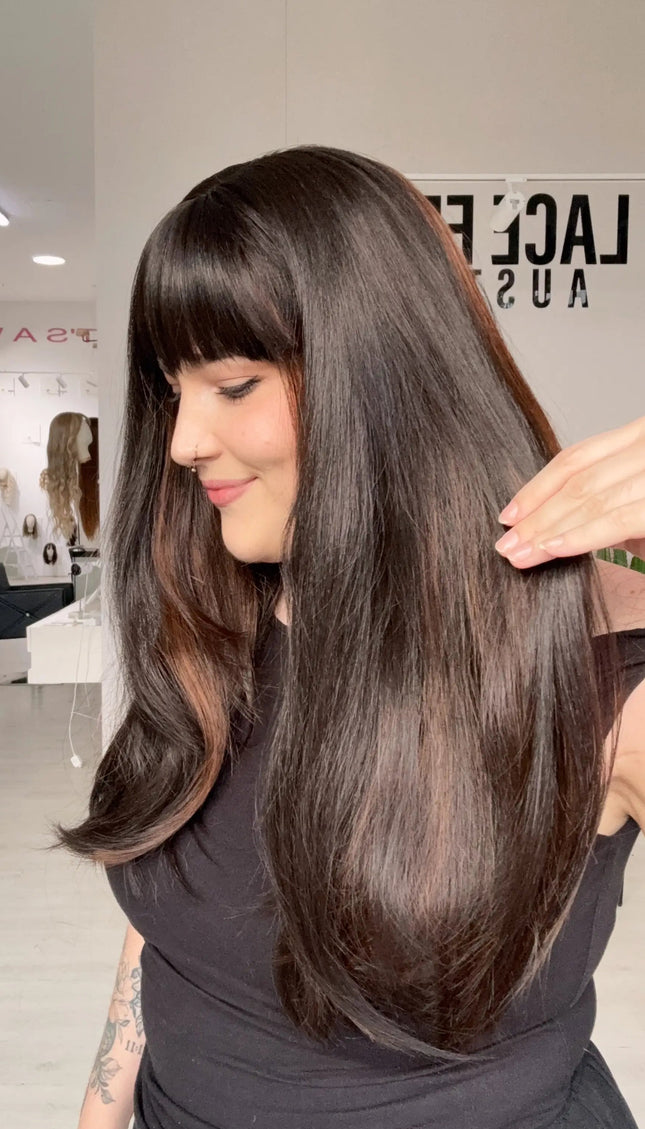 heat safe dark brown wig with warm highlights and blunt fringe, australia.