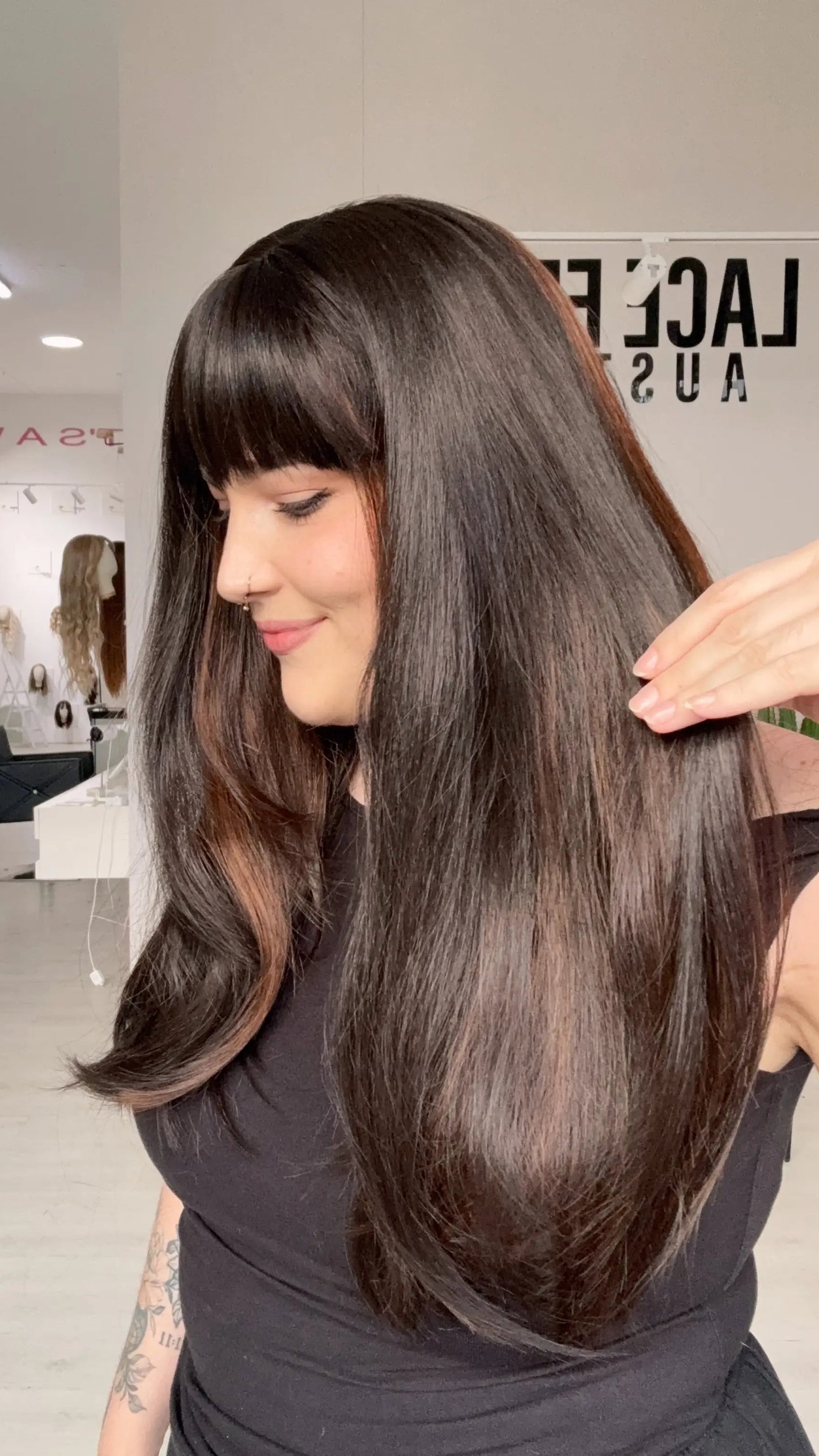 heat safe dark brown wig with warm highlights and blunt fringe, australia.