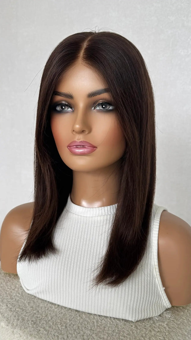 dark natural brunette wig for hairloss in australia with a glueless cap for easy daily wear.