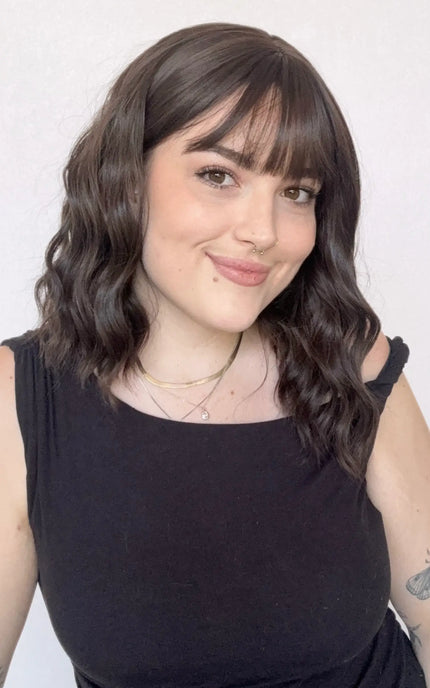 heat safe wavy dark brunette wig for hairloss.