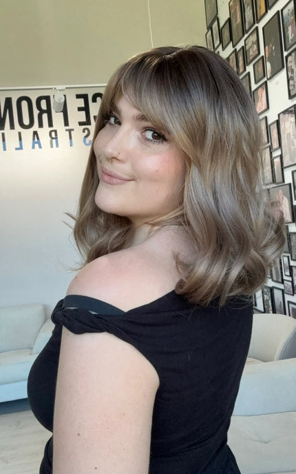heat safe synthetic wig australia, dark root to champagne dark blonde curled ends.