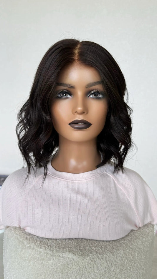 14 inch wavy lace front wig human hair, glueless medical wig cap design.