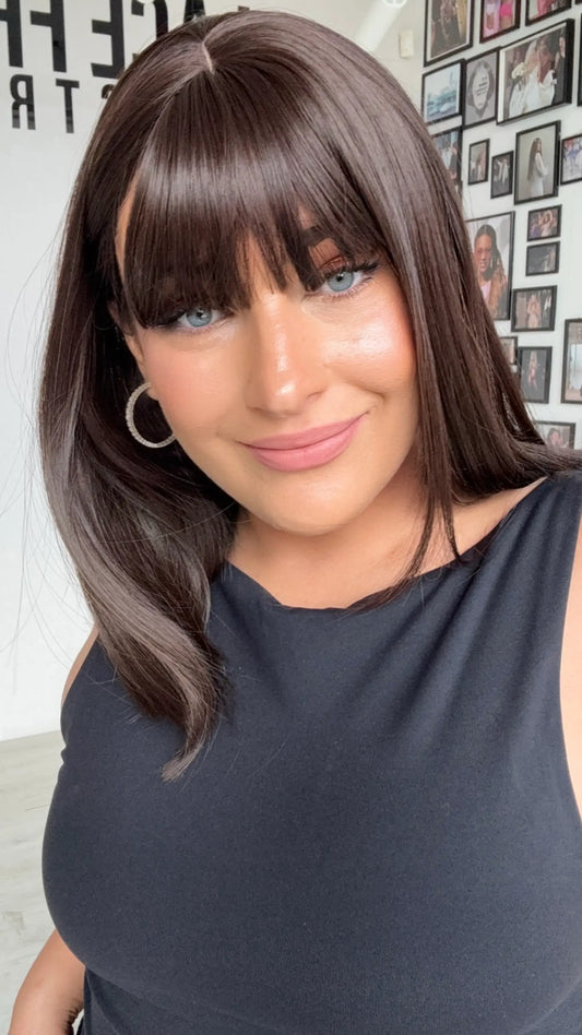 dark brunette hair wig with fringe and middle part, straight hair dark brunette.