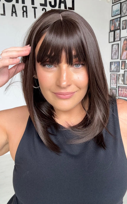 dark brunette synthetic wig, middle part, fringe synthetic heat safe hair.