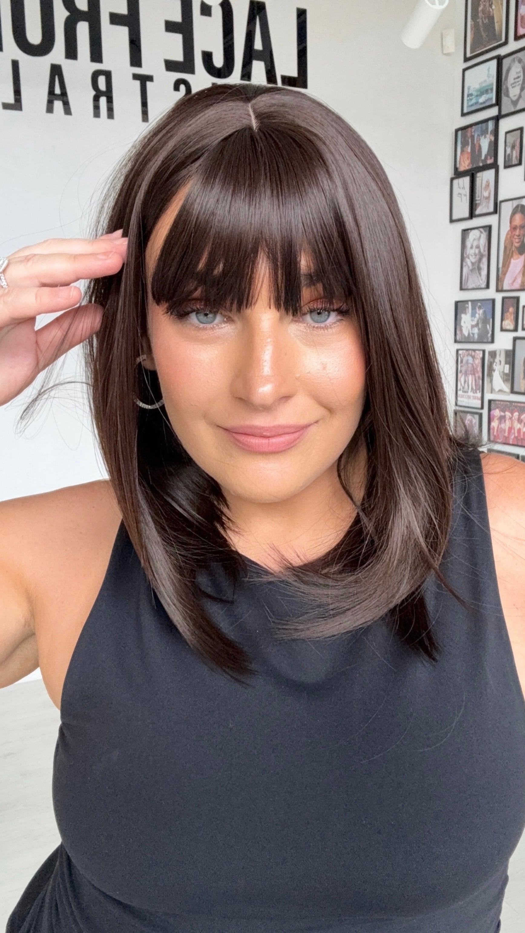 dark brunette synthetic wig, middle part, fringe synthetic heat safe hair.